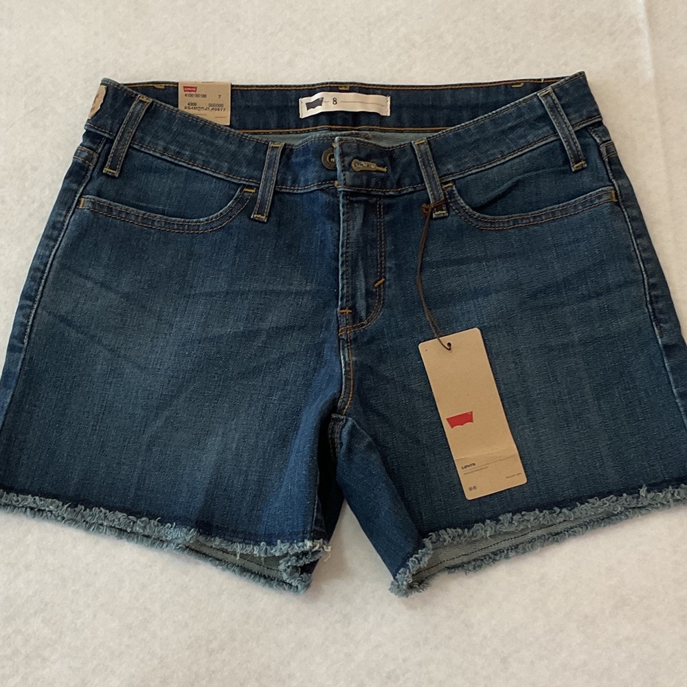 Levi's Dark Blue Frayed Hem Denim Shorts